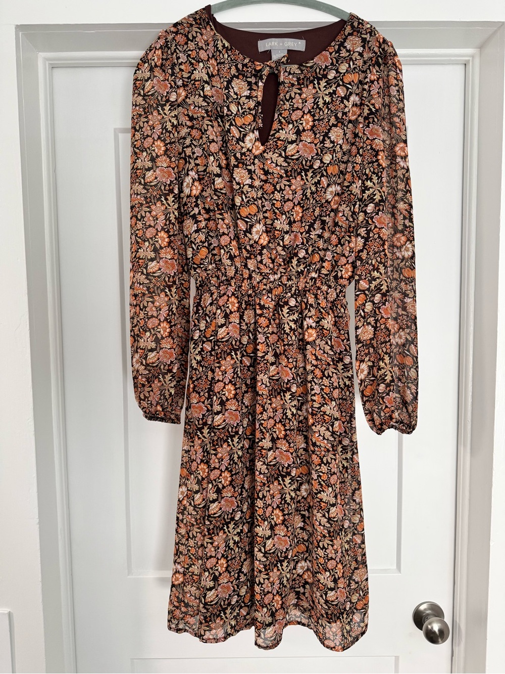 Lark + Grey Floral Long Sleeve Midi Dress in Brown and Rust